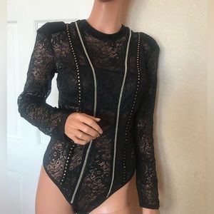 Victoria’s Secret black lace bodysuit w/shoulder pads & beautiful detailing Sz L